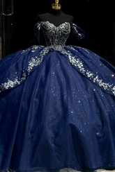 Dark Navy Tulle Quinceanera Dress Off-Shoulder Beaded Ball Gown with Sparkly Silver Appliques for Sweet 16 & Birthday Parties