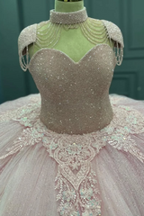 Sweetheart Neckline Ball Gown with Beaded Appliques Baby Pink Tulle Quinceanera & Sweet 16 Formal Evening Dress