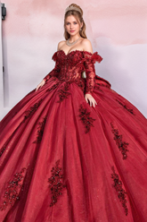 Burgundy Ball Gown Off-Shoulder Long Sleeves with Floral Beading & Bow Detail for Quinceanera Sweet 16 & Formal Events