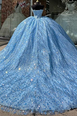 Sky Blue Quinceanera Dress Sparkling Beaded Ball Gown with Lace Appliques & Sweep Train for Sweet 16 & Formal Events