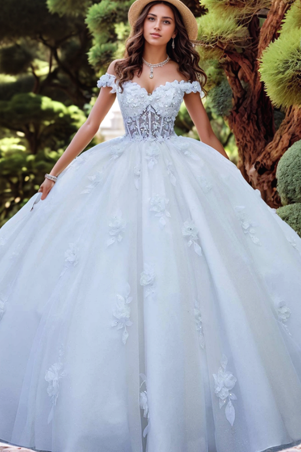 Off-Shoulder Ball Gown with 3D Floral Appliques Beaded Detailing & Lace-Up Back White Tulle Quinceanera Dress for Sweet 16 & Formal Evenings