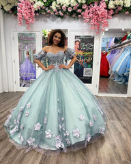 Off-Shoulder Ball Gown with Puff Sleeves 3D Floral Lace Appliques & Beaded Blue Tulle Perfect for Quinceanera & Sweet 16 Formal Events