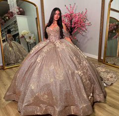 Glitter Ball Gown Sweetheart Neckline Off-Shoulder Tulle Gown with Sweep Train for Quinceanera Sweet 16 & Cocktail Parties