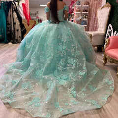 Off-Shoulder Ball Gown with 3D Beaded Flower Appliques & Ruffled Tulle Skirt Lake Blue Quinceanera or Sweet 16 Princess Dress