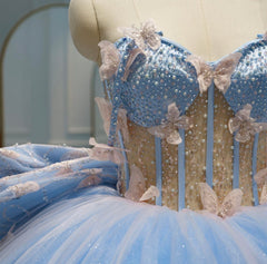 Sky Blue Ball Gown Sweetheart Neckline with 3D Butterfly Lace & Beaded Tulle for Quinceanera Sweet 16 or Princess Birthday Party