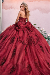 Burgundy Ball Gown Off-Shoulder Long Sleeves with Floral Beading & Bow Detail for Quinceanera Sweet 16 & Formal Events