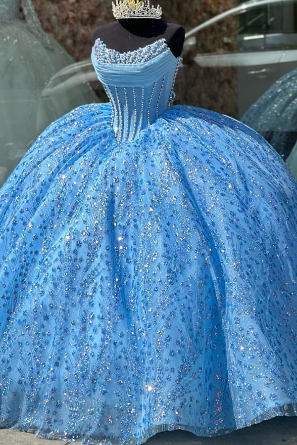 Sky Blue Quinceanera Dress Sparkling Beaded Ball Gown with Lace Appliques & Sweep Train for Sweet 16 & Formal Events