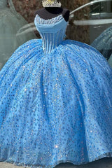Sky Blue Quinceanera Dress Sparkling Beaded Ball Gown with Lace Appliques & Sweep Train for Sweet 16 & Formal Events