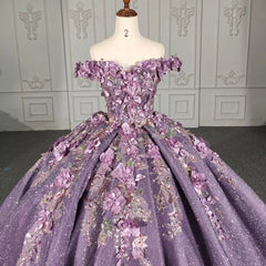 Off-Shoulder Ball Gown Floral Lace Appliques & Beaded Purple Tulle Quinceanera Dress for Sweet 16 & Princess Birthday Parties