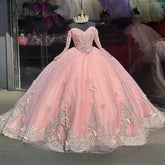 Ball Gown with Off-Shoulder Long Sleeves & 3D Butterfly Appliques Pink Tulle Quinceanera Dress for Sweet 16