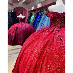 Off-Shoulder Red Tulle Quinceanera Dress Sparkling Floral Applique Ball Gown for Sweet 16 & Princess Birthday Parties