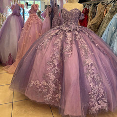 Off-Shoulder Ball Gown with 3D Floral Lace Appliques Glitter & Luxury Quinceanera Dress for Sweet 16 & Birthday Parties