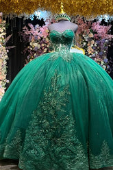 Dark Green Beaded Quinceanera Ball Gown Off-Shoulder Pleated Tulle Evening Dress for Sweet 16 & Formal Events