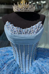 Sky Blue Quinceanera Dress Sparkling Beaded Ball Gown with Lace Appliques & Sweep Train for Sweet 16 & Formal Events