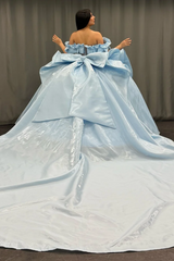 Exquisite Baby Blue Satin Quinceanera Dress Off-Shoulder Beaded Ball Gown with Sequins & Bow Detail for Sweet 16 & Birthday Parties