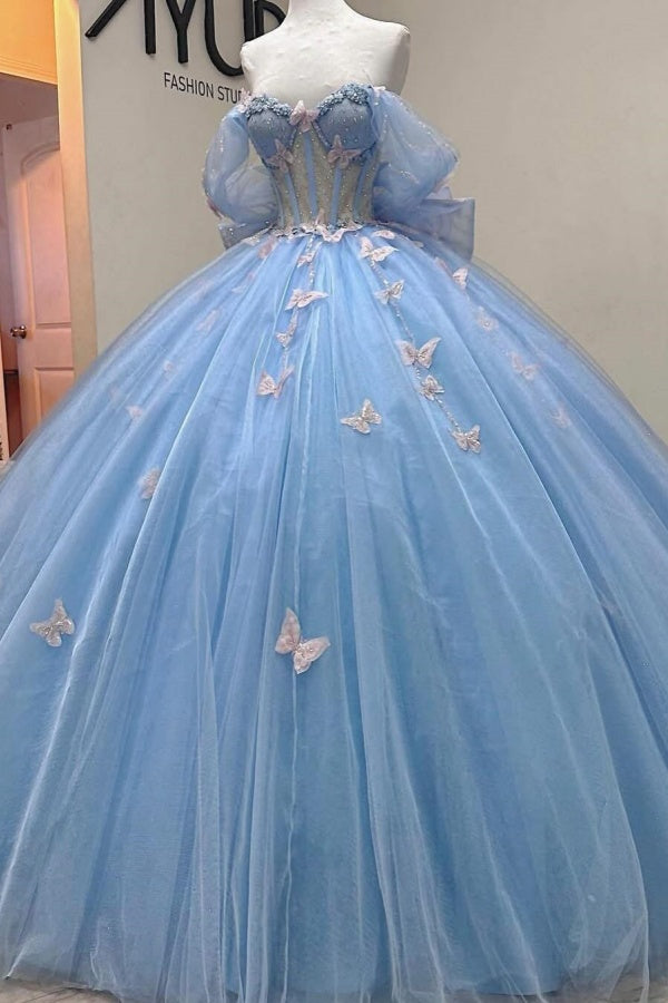 Baby Blue Ball Gown Off-Shoulder Sleeveless Tulle Quinceanera Dress with Beaded Sequins & 3D Butterfly Appliques