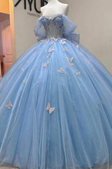 Baby Blue Ball Gown Off-Shoulder Sleeveless Tulle Quinceanera Dress with Beaded Sequins & 3D Butterfly Appliques
