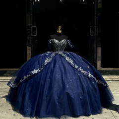 Dark Navy Tulle Quinceanera Dress Off-Shoulder Beaded Ball Gown with Sparkly Silver Appliques for Sweet 16 & Birthday Parties