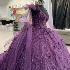 Purple Tulle Quinceanera Dress Strapless Ball Gown with 3D Butterfly Appliques & Bow Knot for Sweet 16 & Princess Parties
