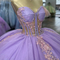 Lilac Tulle Quinceanera Dress Strapless Ball Gown with Lace Appliques & Sweep Train for Sweet 16