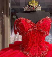 Off-Shoulder Sweetheart Ball Gown Red Tulle Quinceanera & Evening Party Dress for Sweet 16