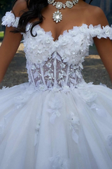 Off-Shoulder Ball Gown with 3D Floral Appliques Beaded Detailing & Lace-Up Back White Tulle Quinceanera Dress for Sweet 16 & Formal Evenings