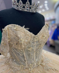 Exquisite Champagne Ball Gown Off-Shoulder Beaded Lace Quinceanera Dress for Sweet 16 & Formal Galas