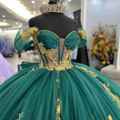 Emerald Green Off-Shoulder Ball Gown Puffy Sleeves Floral Lace Appliques Tulle Princess Quinceanera Dress for Sweet 16