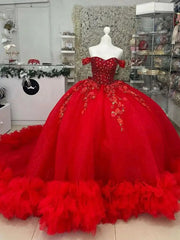 Off-Shoulder Ball Gown Beaded Lace Appliques & Ruffled Red Tulle Quinceanera Dress for Sweet 16 & Birthday Galas