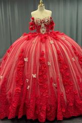 Off-Shoulder Ball Gown with Sequins & 3D Floral Appliques Sparkling Red Tulle Quinceanera & Party Dress