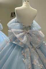 Baby Blue Ball Gown Off-Shoulder Sleeveless Tulle Quinceanera Dress with Beaded Sequins & 3D Butterfly Appliques