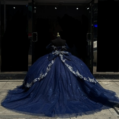 Dark Navy Tulle Quinceanera Dress Off-Shoulder Beaded Ball Gown with Sparkly Silver Appliques for Sweet 16 & Birthday Parties