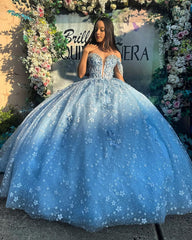 Sky Blue Ball Gown Off-Shoulder Sweetheart Corset with Floral Lace Appliques & Tulle Skirt for Quinceanera Sweet 16 or Princess Party