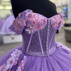Exquisite Off-Shoulder Ball Gown with 3D Floral Lace Appliques Purple Tulle Quinceanera Dress for Sweet 16 & Birthday Celebrations
