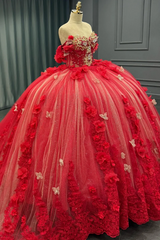 Off-Shoulder Ball Gown with Sequins & 3D Floral Appliques Sparkling Red Tulle Quinceanera & Party Dress