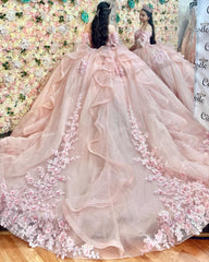 Pink Tulle Quinceanera Dress Off-Shoulder Ball Gown with 3D Flower Appliques Beaded Crystal Ruffles & Sleeveless Design for Sweet 16 Formal Evenings & Birthday Parties