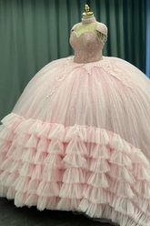 Sweetheart Neckline Ball Gown with Beaded Appliques Baby Pink Tulle Quinceanera & Sweet 16 Formal Evening Dress