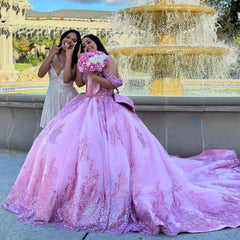 Off-Shoulder Purple Tulle Quinceanera Dress Lace Applique & Beaded Ball Gown for Sweet 16 & Princess Parties