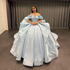 Exquisite Baby Blue Satin Quinceanera Dress Off-Shoulder Beaded Ball Gown with Sequins & Bow Detail for Sweet 16 & Birthday Parties