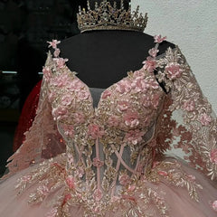 Ball Gown Off-Shoulder Long Sleeve 3D Floral Lace Applique Beaded Pink Tulle Quinceanera Dress Princess Evening Gown for Sweet 16 & Special Occasions