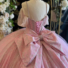 Exquisite Pink Tulle Ball Gown Sweetheart Neckline with Off-Shoulder Spaghetti Straps & Lace Appliques for Quinceanera Sweet 16 and Prom