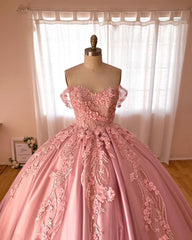 Exquisite Off-Shoulder Ball Gown 3D Floral Lace Appliques & Beaded Pink Satin Quinceanera Dress for Sweet 16