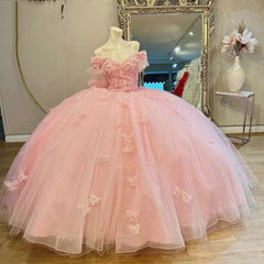 Off-Shoulder Ball Gown with Floral Lace Appliques Baby Pink Tulle Quinceanera Dress for Sweet 16 & Princess Birthday Parties