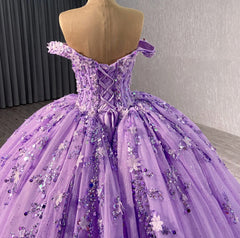 Off-Shoulder Purple Tulle Quinceanera Dress with 3D Flower Lace & Beaded Details Perfect for Sweet 16 & Evening Galas