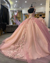 Sweetheart Neckline Ball Gown Sleeveless Lace Applique & Beaded Pink Tulle Princess Dress for Quinceanera Sweet 16 or Birthday Parties