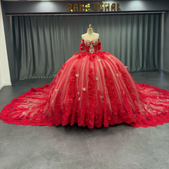 Off-Shoulder Ball Gown with Sequins & 3D Floral Appliques Sparkling Red Tulle Quinceanera & Party Dress