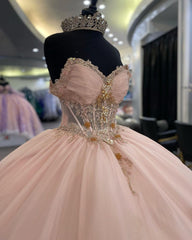 Pink Tulle Quinceanera Dress Sweetheart Off-Shoulder Ball Gown with Lace Appliques & Beaded Details for Prom Sweet 16 or Princess-Themed Parties