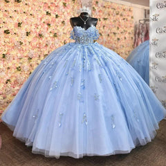 Exquisite Sky Blue Off-Shoulder Ball Gown with Floral Appliques & Beaded Details Perfect for Quinceanera & Sweet 16