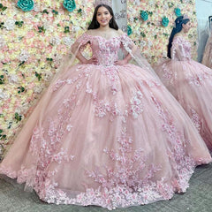 Off-Shoulder Ball Gown with Delicate Lace Appliques Pink Tulle Princess Dress for Quinceanera Sweet 16 & Birthday Parties