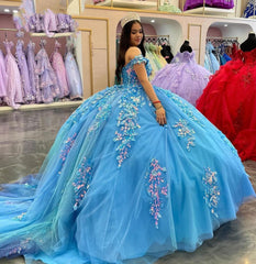 Lake Blue Ball Gown Off-Shoulder 3D Floral Lace Applique & Beaded Tulle Quinceanera Dress for Sweet 16 & Princess Parties
